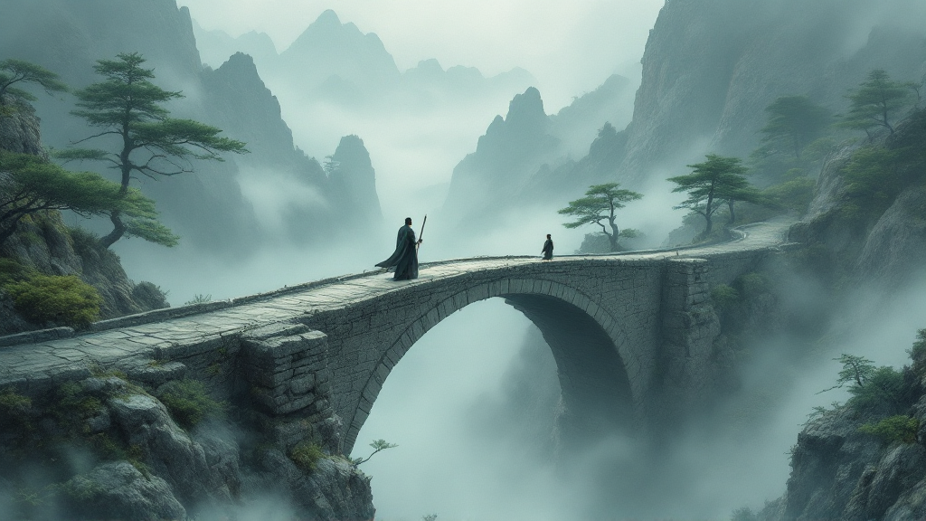 A robed sage with a guandao on an ancient stone bridge over a misty ravine
