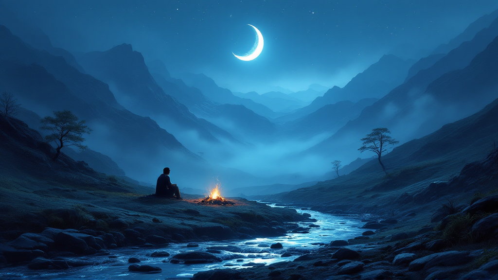 A lone traveler beside a small campfire on a misty mountainside beneath a crescent moon