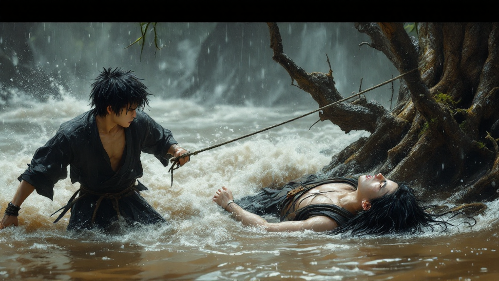 One brother, roped to a tree, wades into a storm-swollen river to pull his unconscious brother from the current