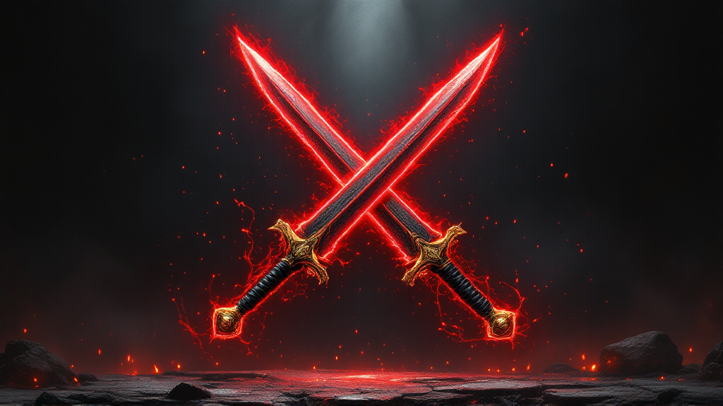 The twin Crimson Swords crossed, glowing red in the dark
